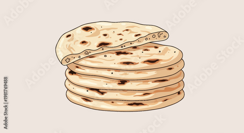 Stack of Freshly Baked Flatbreads, Indian Naan or Tortillas, Isolated