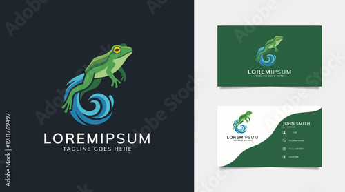 A stylish logo design featuring a frog leaping over a dynamic water swirl, symbolizing agility and freshness, suitable for brands focused on nature and adventure.