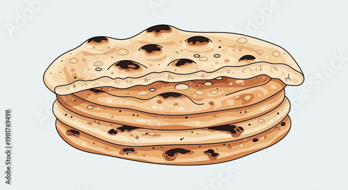 Stack of delicious golden flatbreads with charred spots on a light background