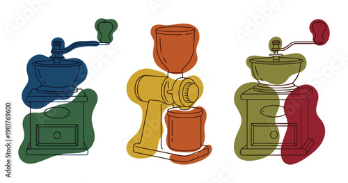 Colorful Coffee Grinder Illustration Set, Retro Style, Hand Drawn