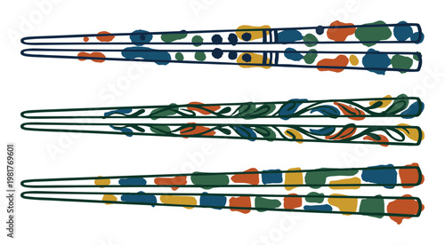 Colorful chopsticks set with abstract patterns and floral ornament