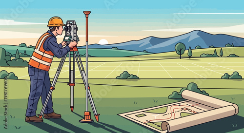 Surveyor measuring land with theodolite equipment on a sunny day with a blueprint.