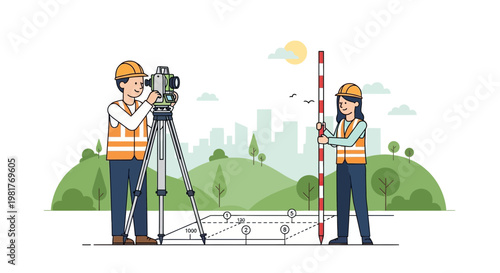 Surveyors Measuring Land with Theodolite and Prism Pole in Green Landscape
