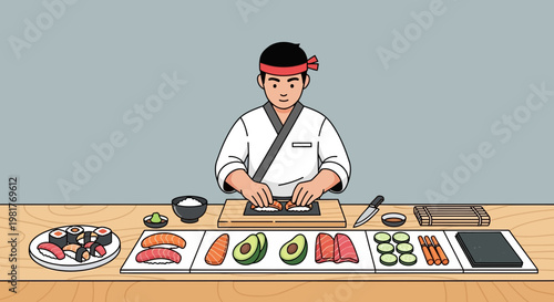 Sushi chef making sushi rolls with fresh ingredients, flat illustration style