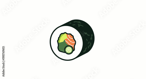 Sushi roll with salmon, avocado, and cucumber on white background, simple illustration