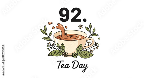 Tea Day Celebration: Cup of Tea with Leaves and Flowers, Number 92