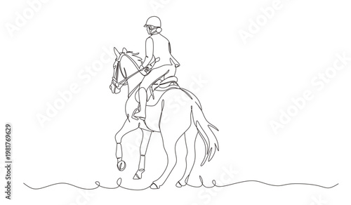 Horse rider equestrian sport line art drawing minimal riding illustration black linear sketch isolated on white background.