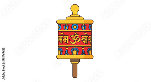 Tibetan Prayer Wheel with Mantra on White Background, Buddhist Symbol