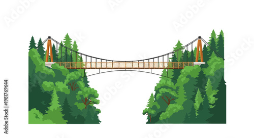 Suspension bridge spanning a lush green forest canyon, illustration