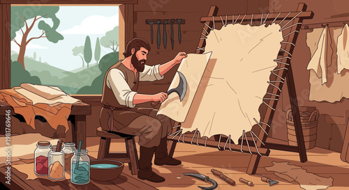 Tanner Working Leather with Knife in Workshop, Vintage Craftsmanship