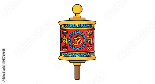 Tibetan prayer wheel with Om symbol, Buddhism, spirituality, culture, travel