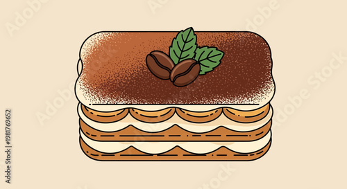Tiramisu Dessert Illustration: Coffee Beans, Mint Leaves, Creamy Layers