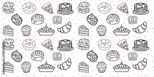 Sweet Treats and Bakery Seamless Pattern: Minimalist Line Art Doodles of Cake, Donuts, Pizza, and Pastries