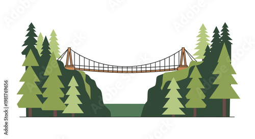 Suspension bridge over a gorge with evergreen trees and river