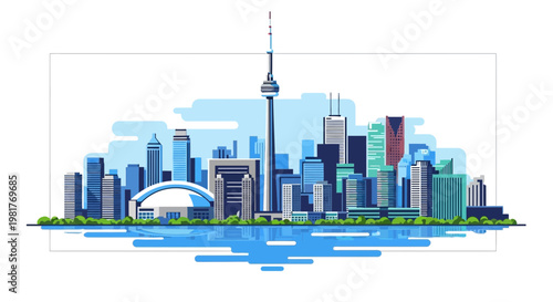 Toronto Skyline Illustration with CN Tower and Reflection