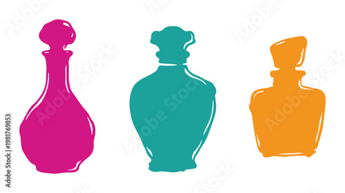 Colorful perfume bottles ink blot illustration isolated