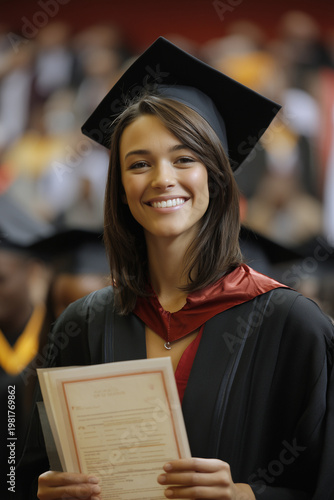 Diploma Award Ceremony for proud young female student receiving academic certificate at indoor university graduation