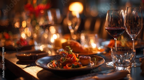 Elegant dinner table with wine glasses and gourmet dishes in warm light, perfect for restaurant marketing, fine dining