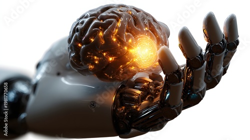 Robot hand holding glowing brain with digital energy, perfect for artificial intelligence, future technology