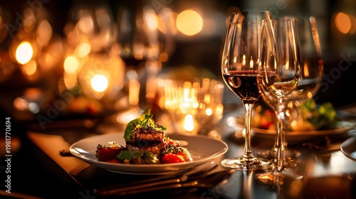 Elegant dinner table with wine glasses and gourmet dishes in warm light, perfect for restaurant marketing, fine dining