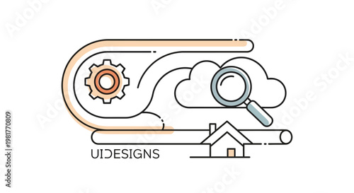Conceptual illustration depicting smart home technology and cloud computing, integrating settings, data search, and residential connectivity for modern living