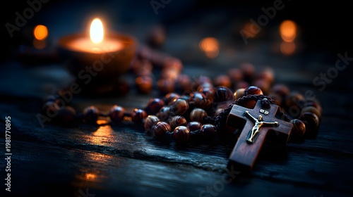 Wooden cross with rosary beads beside candlelight on table, perfect for prayer moments, spiritual reflection