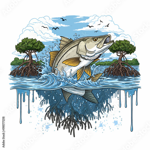 Snook fish jumping out of water with mangrove forest background vector illustration