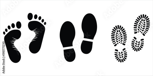 Black silhouettes of bare feet, shoe prints, and boot prints on white background Keywords: footprint, foot, shoe print, boot print