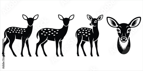 Black silhouette of three fawns and a deer head on white background Keywords: deer, fawn, silhouette, animal, wildlife, young deer, spotted