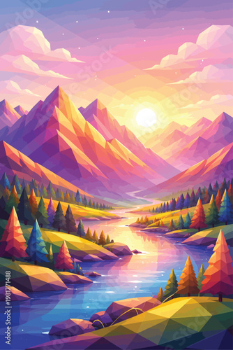 Geometric mountain landscape at sunset with pine trees digital art golden hour mountain range landscape mountains geometric reflection illustration wilderness outdoors background beautiful