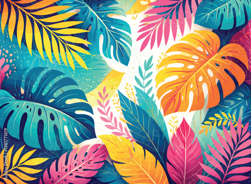 Tropical leaves in bright bold colors tropical plants tropical botanical colorful monstera abstract background close-up decoration illustration overhead seasonal vegetation