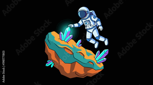 An astronaut floats in space, carefully inspecting vibrant crystals on an asteroid, highlighting the beauty of extraterrestrial exploration and the allure of uncharted terrains.
