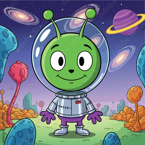 Cute Cartoon Alien in Space Suit on Extraterrestrial Landscape with Planets and Stars