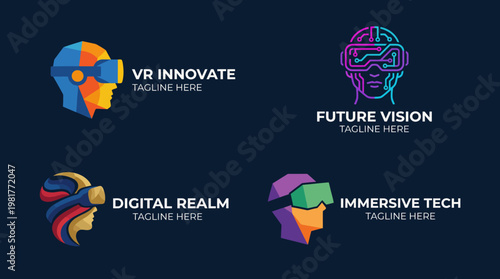 A collection of futuristic logos representing various tech concepts like VR and immersive technology, showcasing a modern and innovative aesthetic appealing to tech enthusiasts.
