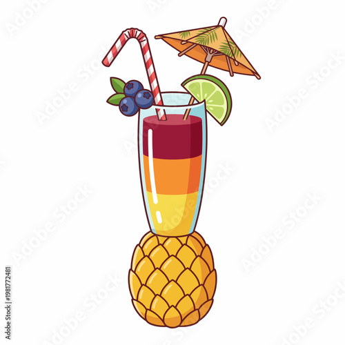 A refreshing, colorful tropical drink served inside a halved pineapple, complete with a straw, lime, and umbrella, symbolizes fun, relaxation, and summer vibes.