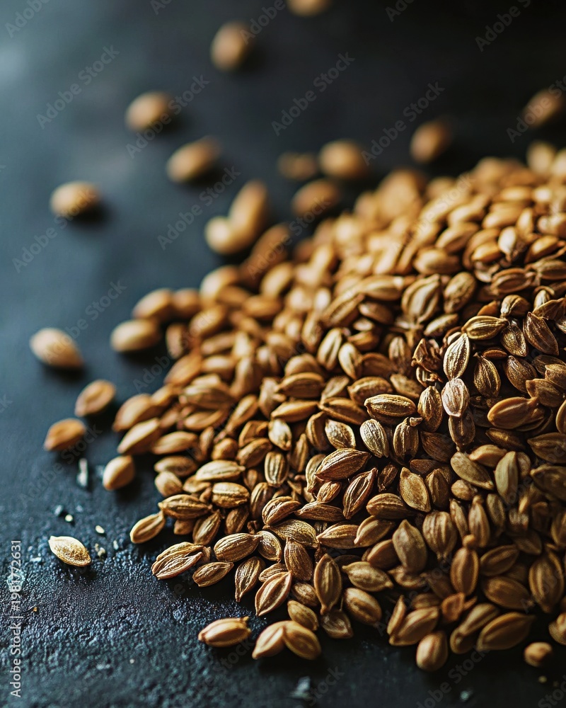 Obraz premium A close-up view of toasted coriander seeds on a dark surface, showcasing their rich, warm brown tones.