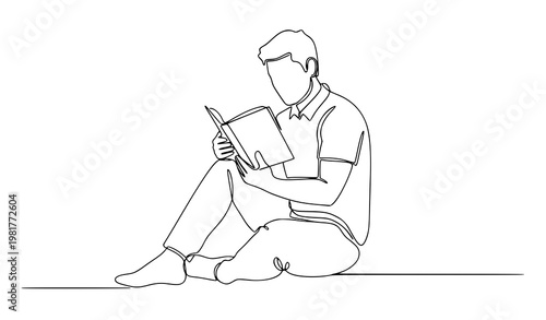 Continuous one line man reading book relaxed lifestyle vector illustration isolated on white background