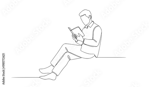 Continuous line man reading book peaceful lifestyle vector illustration isolated on white background