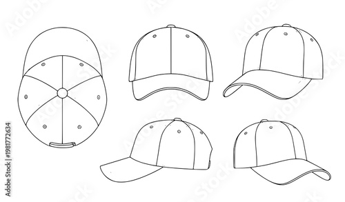 Baseball cap outline vector set top front side perspective views isolated on white background