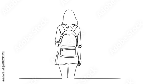Single line woman walking backpack back view travel vector illustration isolated on white background