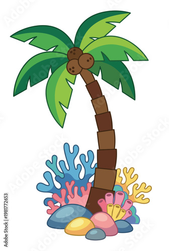 This vibrant illustration features a cartoon-style palm tree surrounded by eccentric coral, creating a lively tropical scene that captures the essence of relaxation and beach vibes.