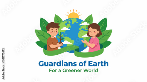 This image showcases a logo representing guardianship of our planet, featuring two children holding plants beside a globe, symbolizing environmental awareness and stewardship.