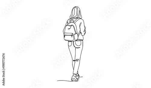 Walking woman backpack back view single line vector illustration isolated on white background