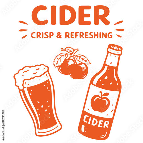 Cider crisp refreshing doodle illustration with glass bottle and apples design
