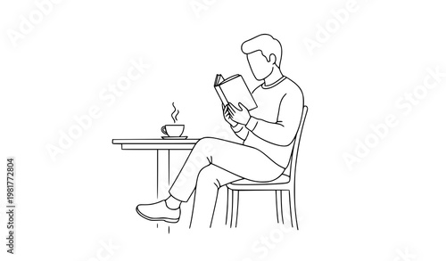 Line drawing man relaxing at cafe reading coffee lifestyle vector illustration isolated on white background