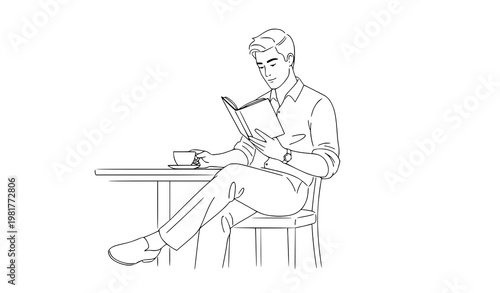 Man cafe reading coffee relaxing lifestyle line art vector illustration isolated on white background