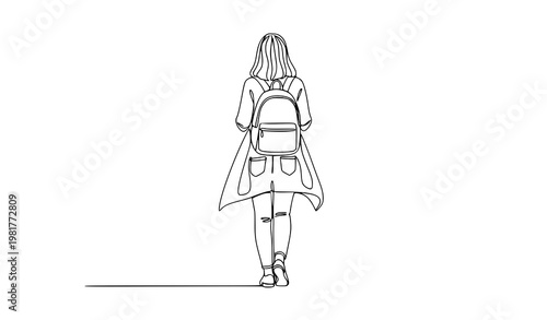 Minimal single line walking woman back view backpack vector illustration isolated on white background