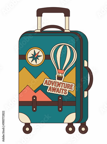 This charming illustration of a travel suitcase with vibrant patterns and an 'Adventure Awaits' tag encapsulates the excitement and anticipation of discovering new places.
