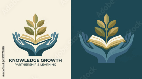 This logo design illustrates a partnership in learning, featuring hands nurturing a book and plant, symbolizing knowledge growth and educational collaboration.