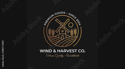 This logo artwork depicts a charming windmill set against a landscape, representing artisan quality and tradition, suitable for agricultural or artisanal brands seeking authenticity.